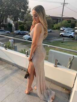 Portia and Scarlett Platinum Nude Formal Gown with Slit 