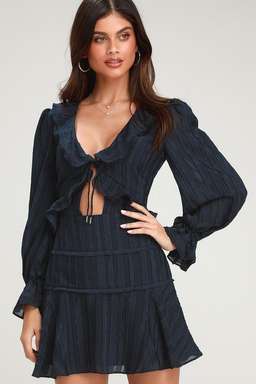 Finders Keepers Soraya Navy Blue Long Sleeve Tie-Front Mini Dress Size 8  for rent on The Volte - image 2