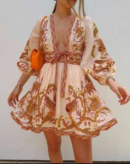 Zimmermann Cassia Plunge Bow Mini Dress Cream Bird Floral Size 6 for rent on The Volte - image 3