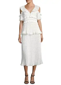 Self Portrait Monochrome Striped Pleated Midi Cocktail Dress White/Striped Size 10 for rent on The Volte - image 1