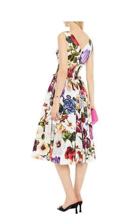 Dolce & Gabbana Shirred Cotton Poplin Midi Dress Floral Print 