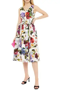 Dolce & Gabbana Shirred Cotton Poplin Midi Dress Floral Print 
