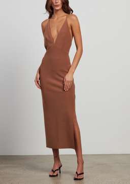 Bec & Bridge Maddison V Midi Dress Brown Size 6 for rent on The Volte - image 1