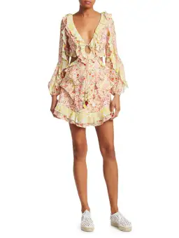 Zimmermann Goldie Spliced Cutout Ruffled Linen Mini Dress Floral Size 2 / Au 12 for rent on The Volte - image 1