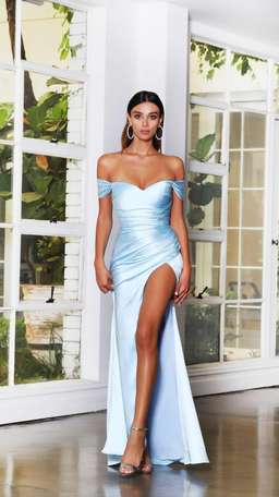 Jadore Off Shoulder Pleated Thigh Split Satin Gown for rent on The Volte - image 1