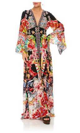 Camilla Painted Land Kimono Sleeve Dress with Shirring Detail Print