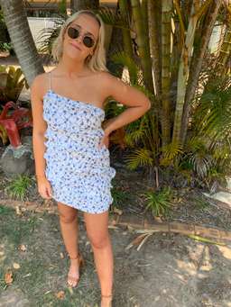 New Romantics Fleur One Shoulder Mini Dress in Indigo Blooms Size 8 for rent on The Volte - image 3