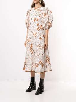 Zimmermann Linen Day Midi Dress Tan Graffiti Print Size 0 / AU 8