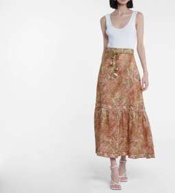Zimmermann Brighton Linen Midi Skirt Print Size 8