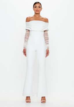 Peace + Love White Bardot Flare Leg Jumpsuit Size 14 for rent on The Volte - image 1