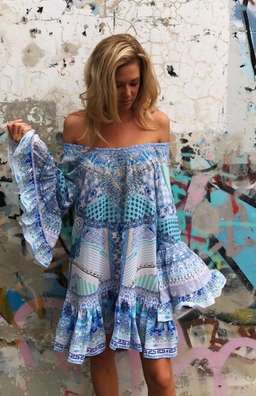 Camilla Woman Day Dreamer Off-the-shoulder Embellished Silk Crepe De Chine Mini Dress Light Blue Size 14 for rent on The Volte - image 2