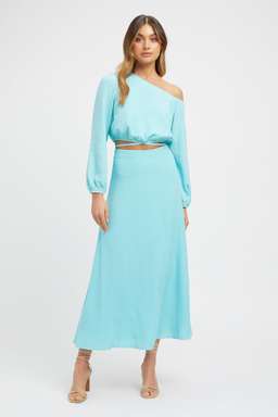 Kookai Brady Long Sleeve Top & Midi Skirt Set Blue Size 10