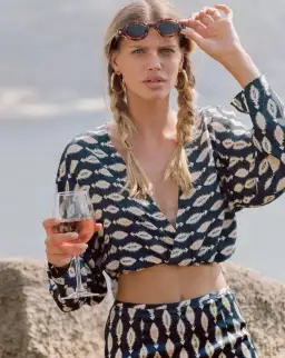 Sir The Label Mila Long Sleeve Silk Wrap Top Arrow Print | AU 10
