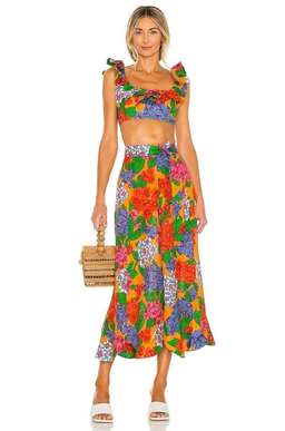 Zimmermann Riders Frill Neck Crop Top & Scallop Hem Skirt Set Print Size 8