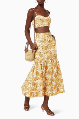 Shona Joy Margarita Linen Fitted Crop Top and Midi Skirt Set Print Size 12 for rent on The Volte - image 1