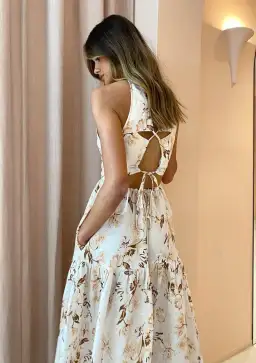 Shona Joy Roxane Open Back Tiered Midi Dress Print Size 14