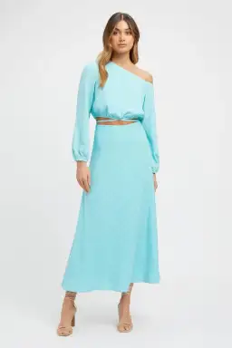 Kookai Brady Long Sleeve Top & Midi Skirt Set Blue Size 8