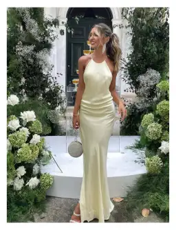 Michael Lo Sordo Hudson Bias Crystal Halter Dress Pale Yellow Size 6