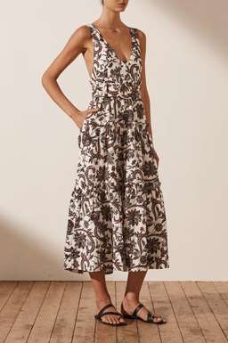 Shona Joy Dahlia Linen Tiered Midi Dress Floral  for rent on The Volte - image 4