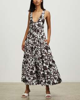 Shona Joy Dahlia Linen Tiered Midi Dress Floral  for rent on The Volte - image 1