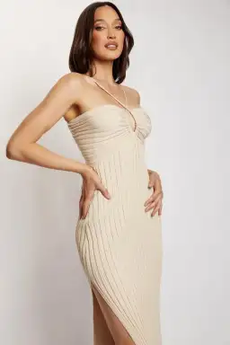 Meshki Lori Ruched Front Knit Midi Dress Champagne Size S for rent on The Volte - image 1