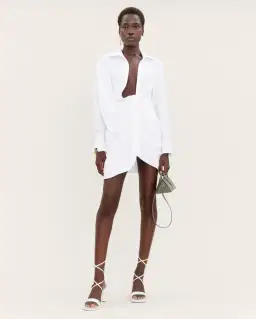 Jacquemus La Robe Bahia Knotted Draped Shirt Dress White Size 8  for rent on The Volte - image 1