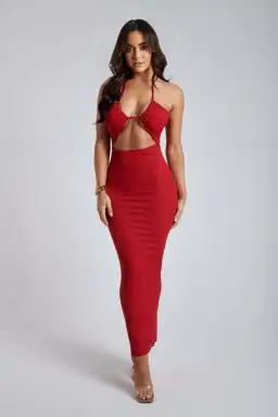 Meshki Maddie Ribbed Drawstring Midi Dress Red Size 8