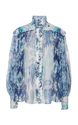 Zimmermann The Glassy Long Sleeve Blouse Spliced Blue Ikat Size 1 / AU 10 for rent on The Volte - image 3