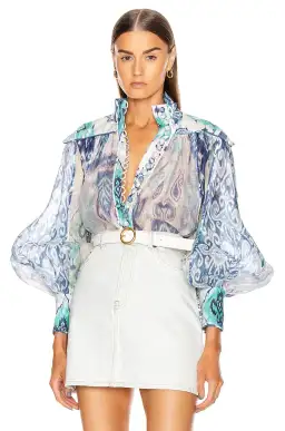 Zimmermann The Glassy Long Sleeve Blouse Spliced Blue Ikat Size 1 / AU 10 for rent on The Volte - image 2