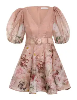 Zimmermann Dancer Puff Sleeve Mini Dress Blush Garden Floral Print