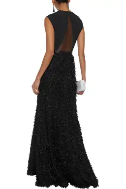 Halston Heritage Tulle and Cady-Paneled Fringed Metallic Bouclé Gown Black Size 6