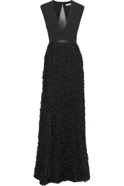 Halston Heritage Tulle and Cady-Paneled Fringed Metallic Bouclé Gown Black Size 6