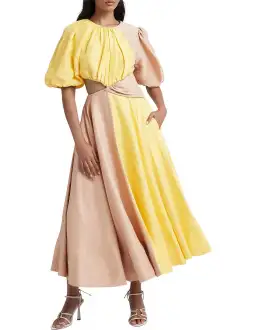 Aje Caliente Two Tone Puff Sleeve Dress Yellow Beige