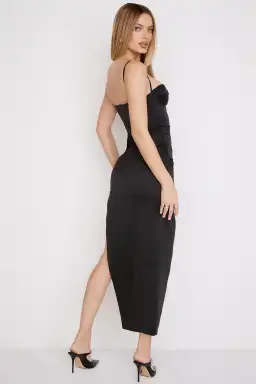 House of CB Flora Satin Pleated Corset Midi Dress Black