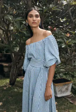 Scanlan Theodore Gingham Gathered Dress Blue Size 8 for rent on The Volte - image 2