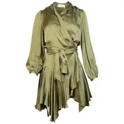 Zimmermann Long Sleeve Sueded Silk Wrap Robe Dress Green Size 6