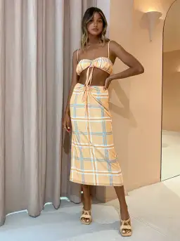 Hansen & Gretel Dalai Top and Saskia Skirt Tangelo Check Orange Size 8