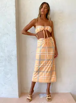 Hansen & Gretel Dalai Top and Saskia Skirt Tangelo Check Orange Size 8