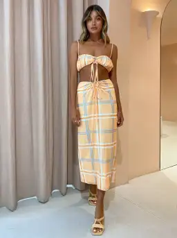 Hansen & Gretel Dalai Top and Saskia Skirt Tangelo Check Orange Size 8