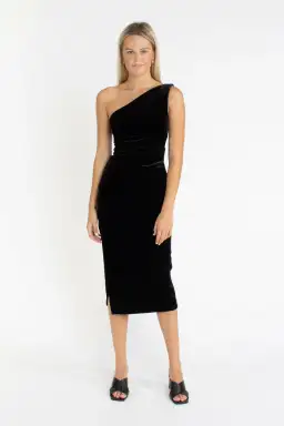 Bec & Bridge Oliviane Velvet Asymmetric Midi Dress Black Size 10 for rent on The Volte - image 1