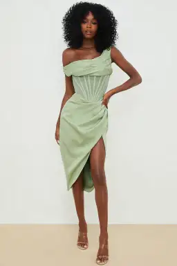 House of CB Lulu Pistachio Asymmetric Drape Corset Midi Dress Green Size 8 for rent on The Volte - image 1