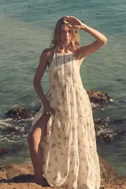 Shona Joy Lila Linen Pin Tuck Sleeveless Maxi Dress Print Size 8 