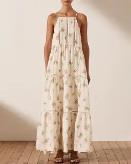 Shona Joy Lila Linen Pin Tuck Sleeveless Maxi Dress Print Size 8