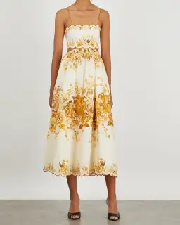 Zimmermann Aliane Scallop Midi Dress in Amber Floral Print