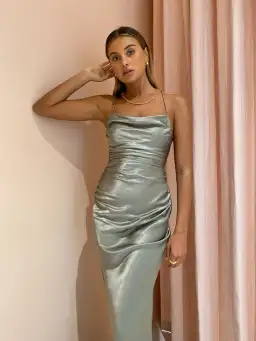 Shona Joy La Lune Backless Lace-Up Maxi Dress - Sage Green - Size 8 for rent on The Volte - image 2