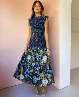 Sir the Label Diana Smocked Midi Dress Print Size 6