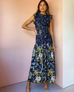 Sir the Label Diana Smocked Midi Dress Print Size 6