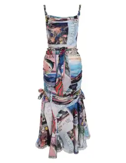 Zimmermann Postcard Chain Tie Midi Dress Print Size 0