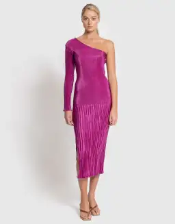 L'Idee Soiree One Shoulder Long Sleeve Dress Magenta Size 10 