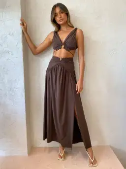 Bec & Bridge Joelene V Crop Top and Maxi Skirt Set Cognac Brown Size 8 for rent on The Volte - image 4